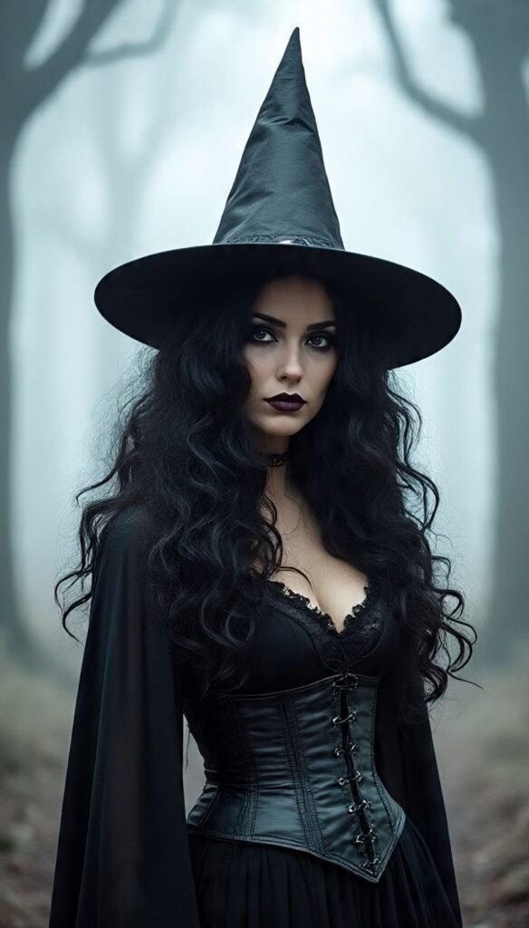 Messy Curled Hair with a Witch Hat