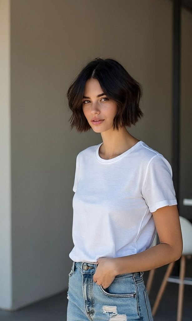Short Bob with Blunt Edges and Dark Roots