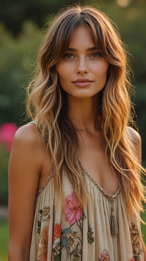 A glamorous woman with long layered hair in a bouncy voluminous blowout, face framing curls around the jawline, wearing an elegant evening gown, beauty studio backdrop, luxury hair commercial style