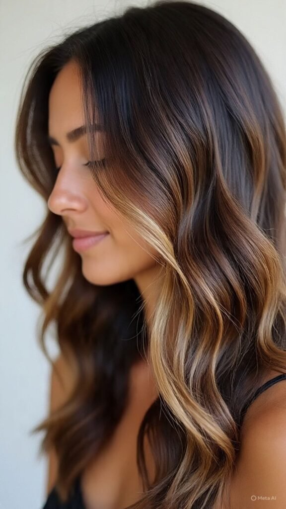 Classic Caramel Highlights on Dark Brown Hair
