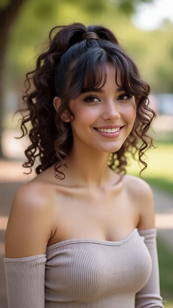 Curly Ponytail with Flowing Bangs