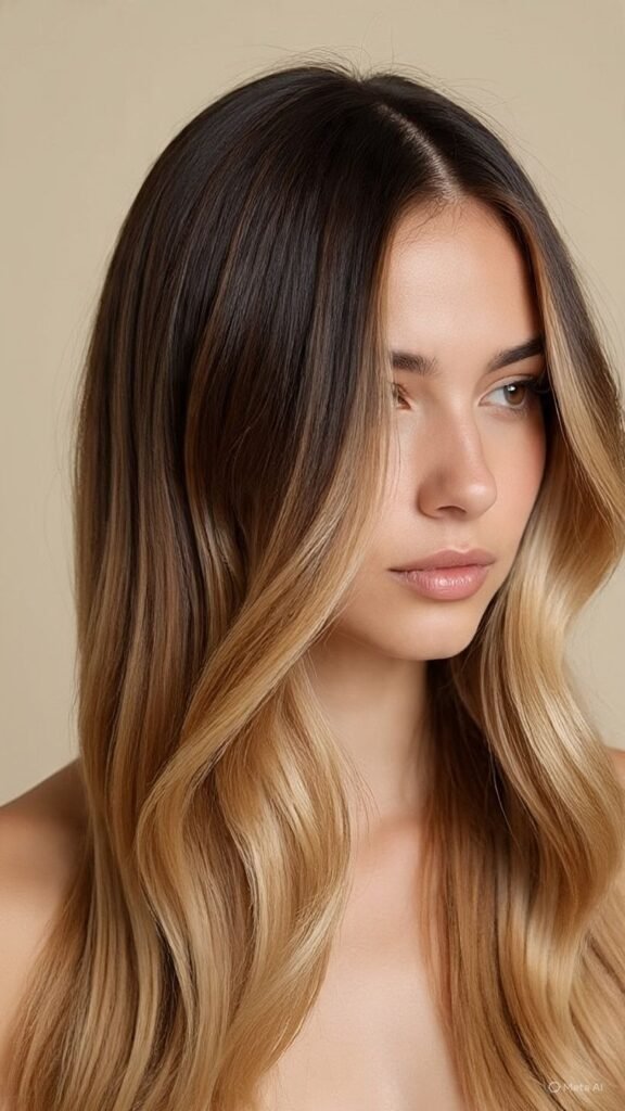 Dark Brown and Caramel Split Dyed Hair