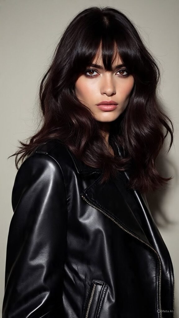 Dark Brunette Waves with Full Curtain Bangs