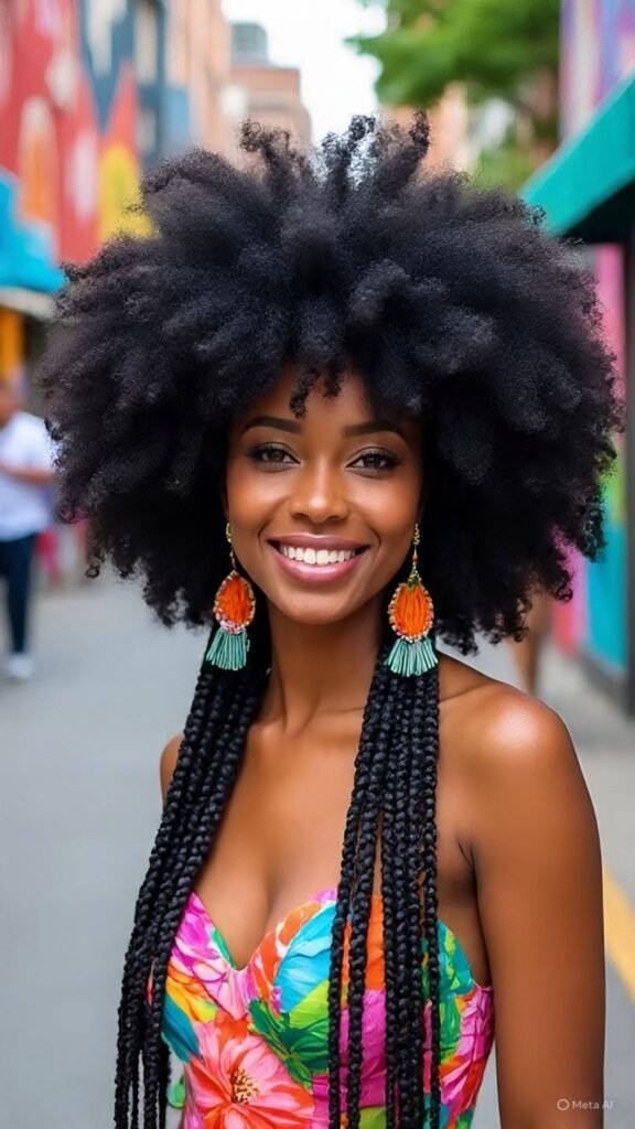 Feed-In Braids With Curly Afro Sew-In Back