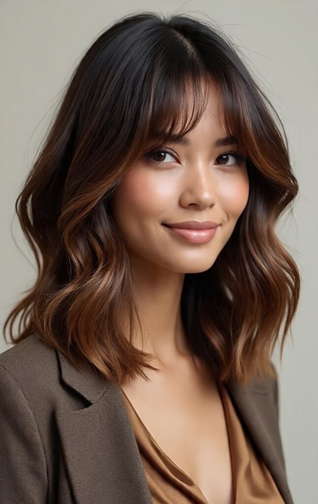 Layered Curly Lob with Bangs