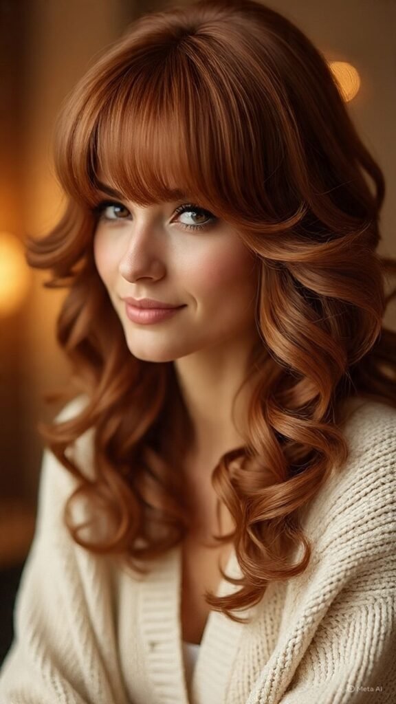 Long Layered Curls with Blended Bangs