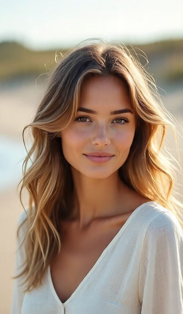 Loose Beach Waves with Soft Curtain Bangs