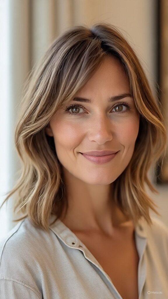 Medium-Length Wavy Bob with Curtain Bangs