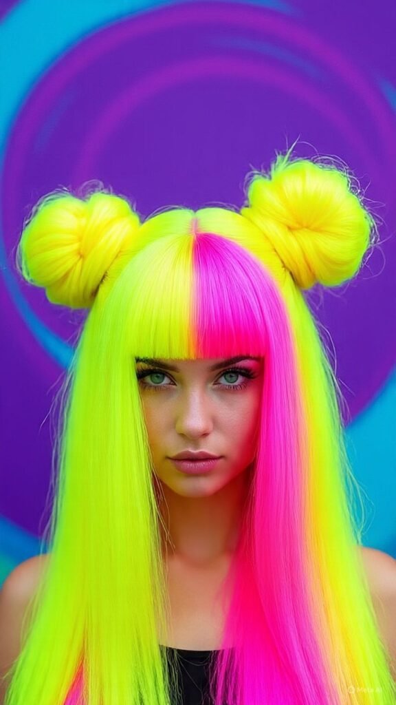 Neon Yellow and Pink Split Dyed Hair
