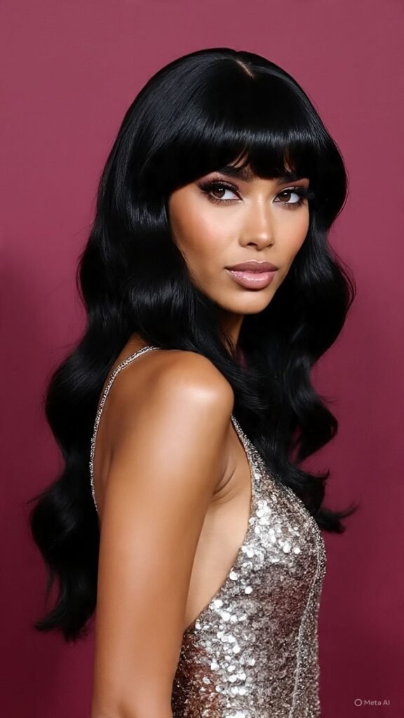 Red Carpet Glam Waves with Curtain Bangs