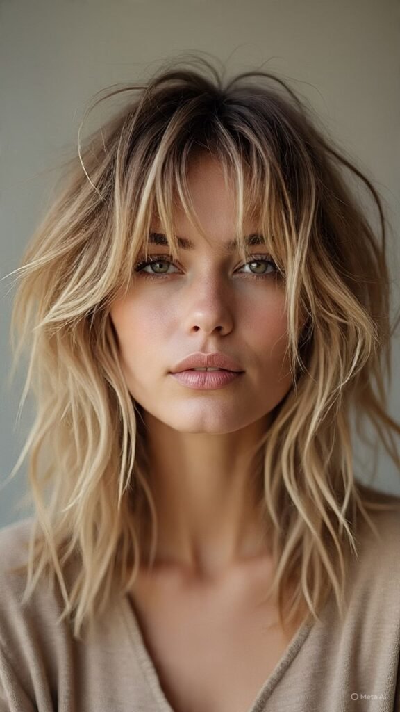 Shag Haircut with Textured Curtain Bangs