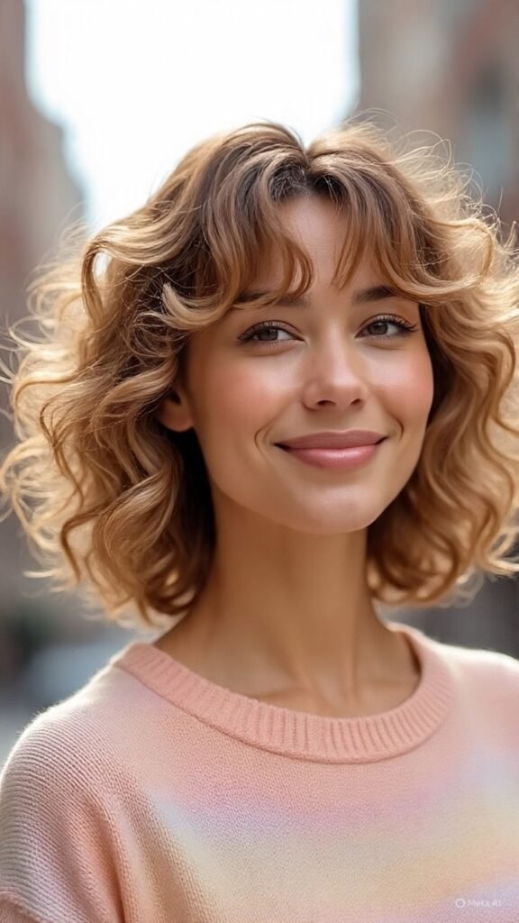 Shoulder-Length Curls with Wispy Bangs