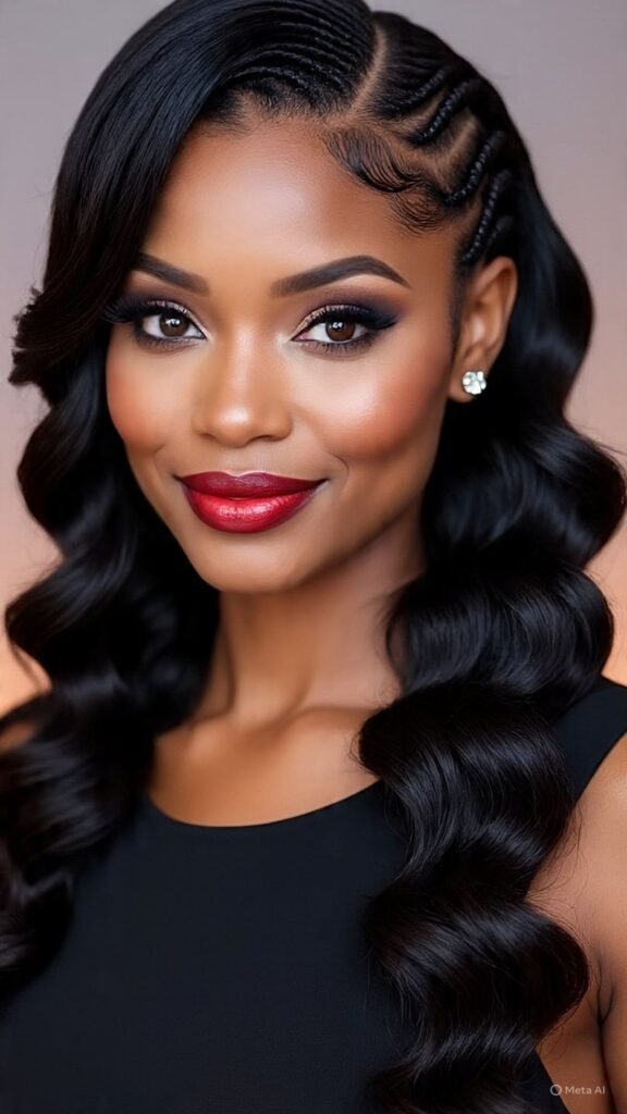 Side Part Cornrows With Body Wave Sew-In