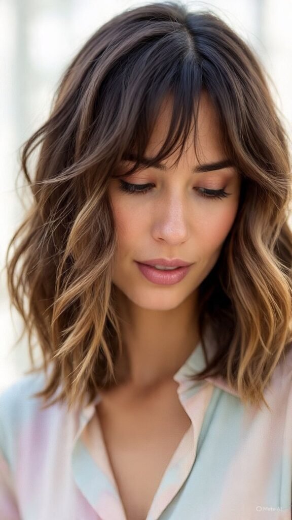 Wavy Hair with Curtain Bangs and Face-Framing Highlights