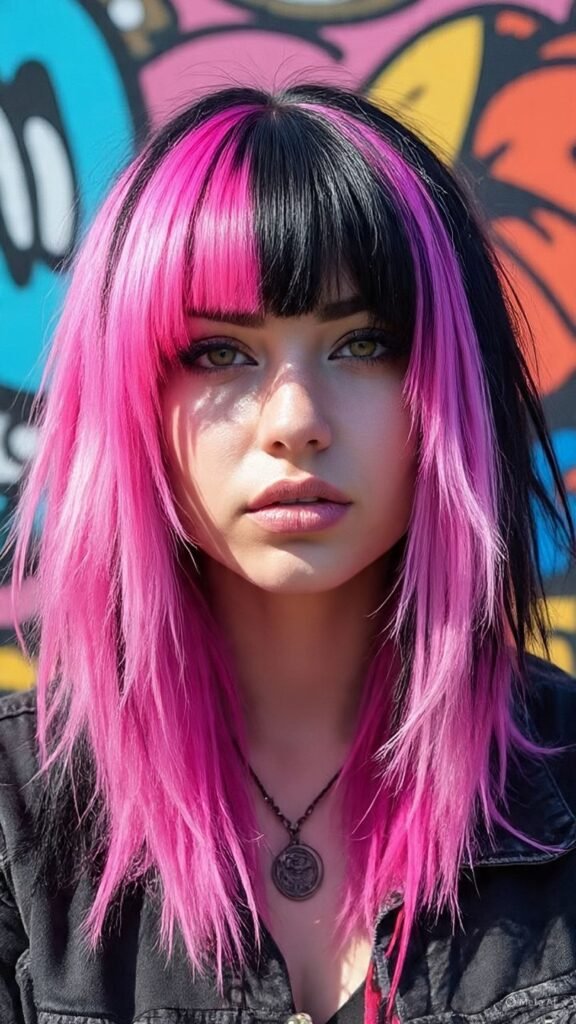 Wolf Cut with Bold Color Curtain Bangs