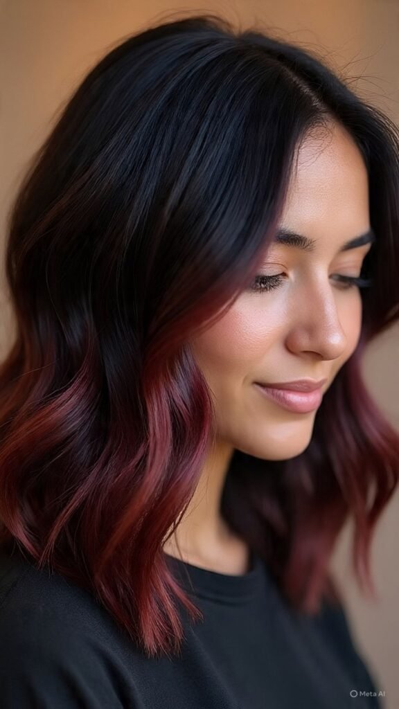 Balayage Red Highlights on Black Hair