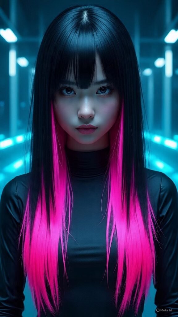 Black Hair with Neon Pink Highlights