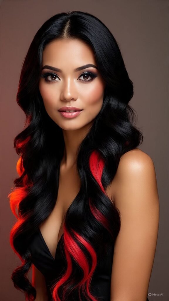 Black Hair with Scarlet Highlights and Waves