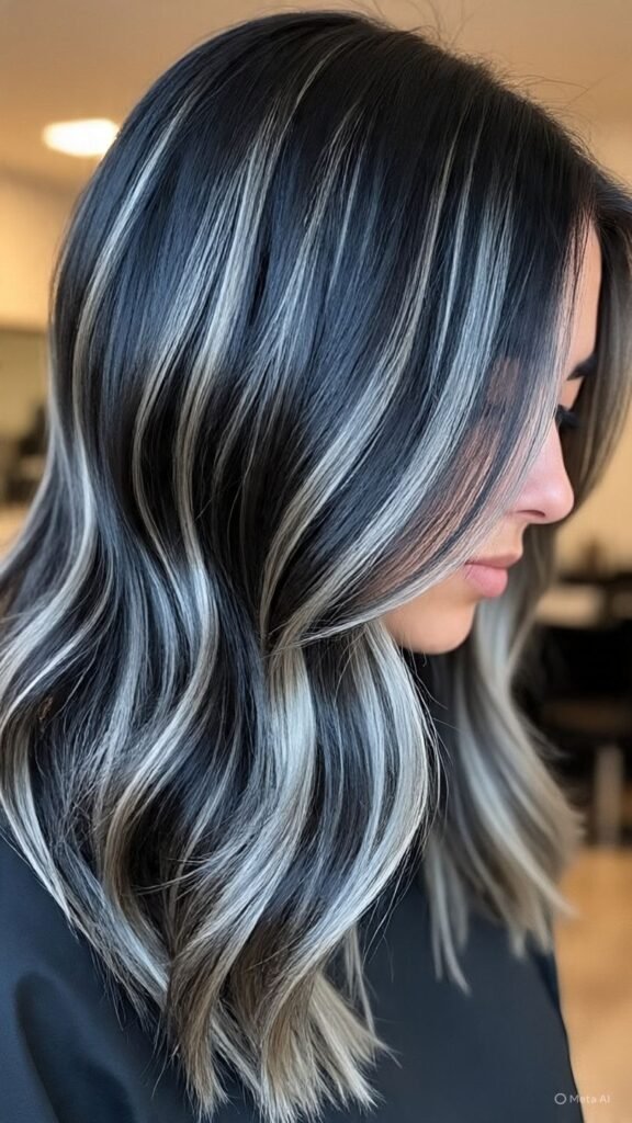 Black Hair with Silver Balayage and Lowlights