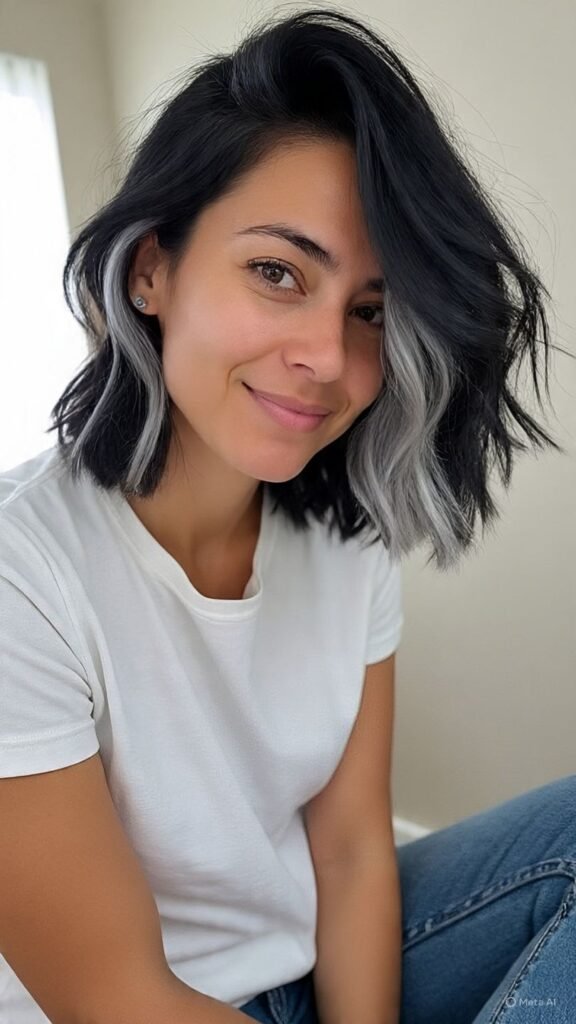 Black Hair with Silver Peekaboo Highlights