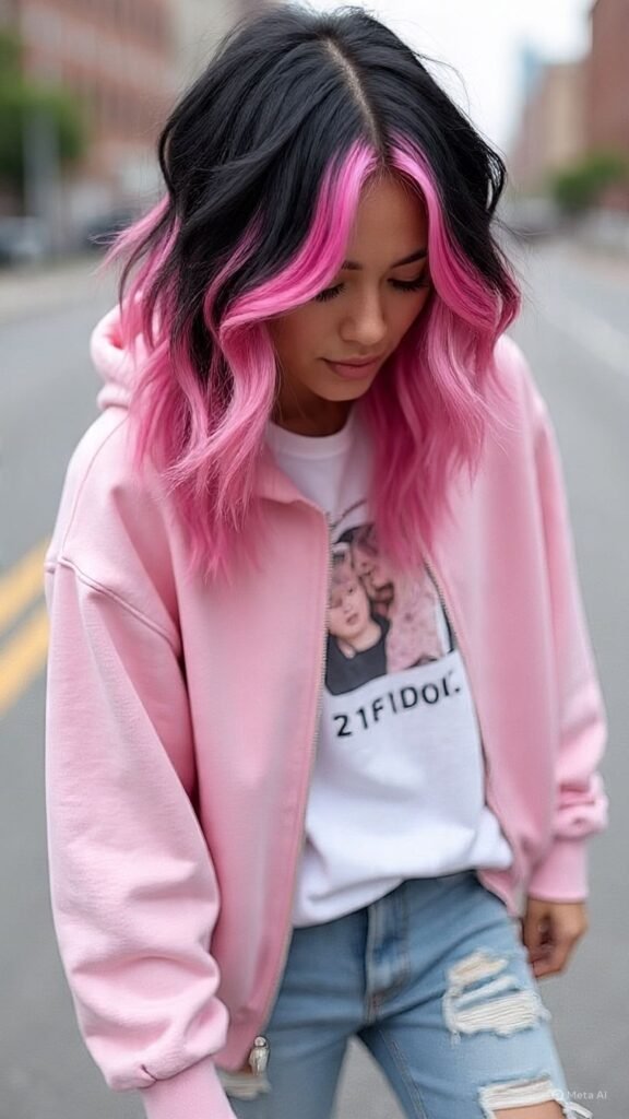 Chunky Pink Highlights in Black Hair