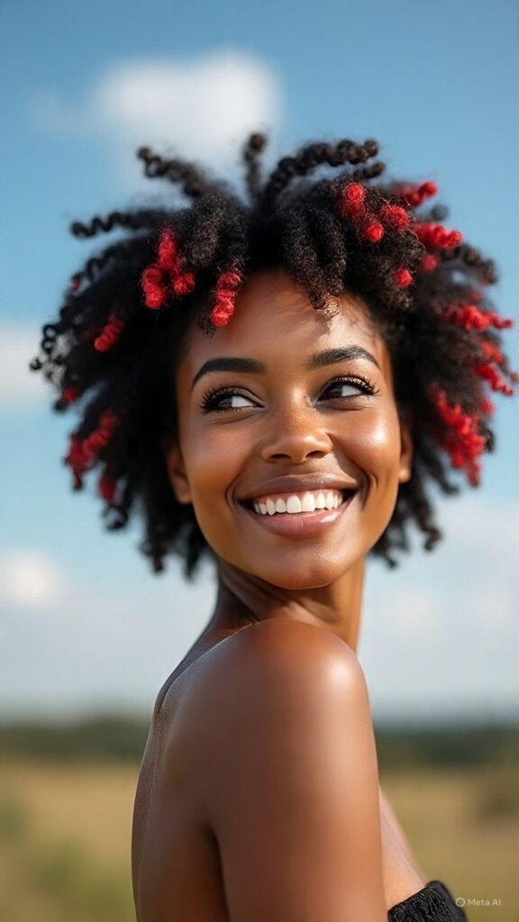 Curly Black Hair with Red Highlights