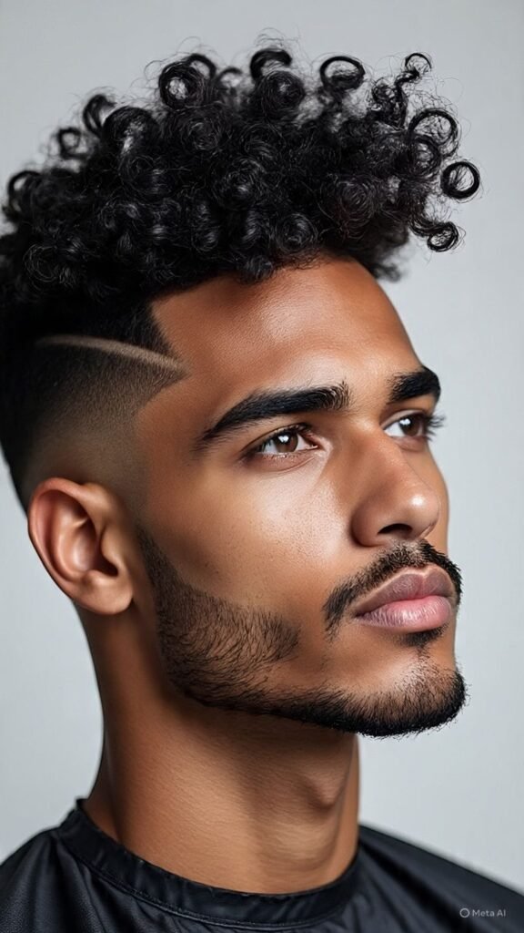 Curly Fade with Hard Part