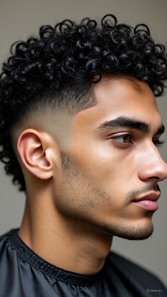 Curly Hair with Taper Fade and Part