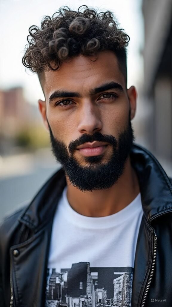 Curly Top with Fade and Beard