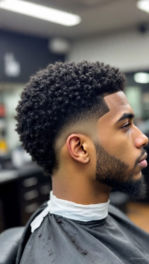 Curly Top with Line-Up and Taper Fade