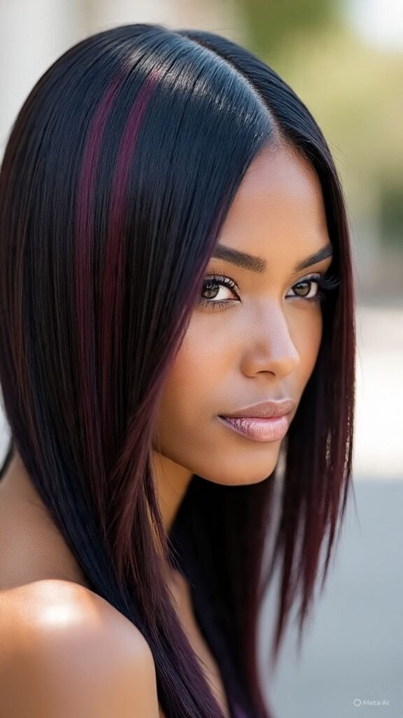 Deep Burgundy Highlights on Black Hair