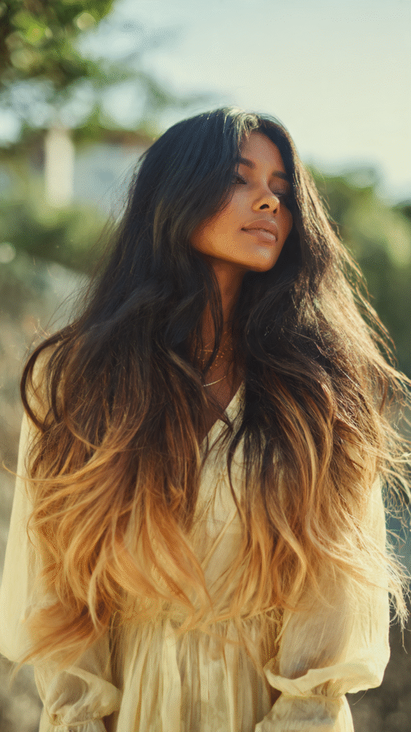 Golden Blonde Ombré on Long Black Hair