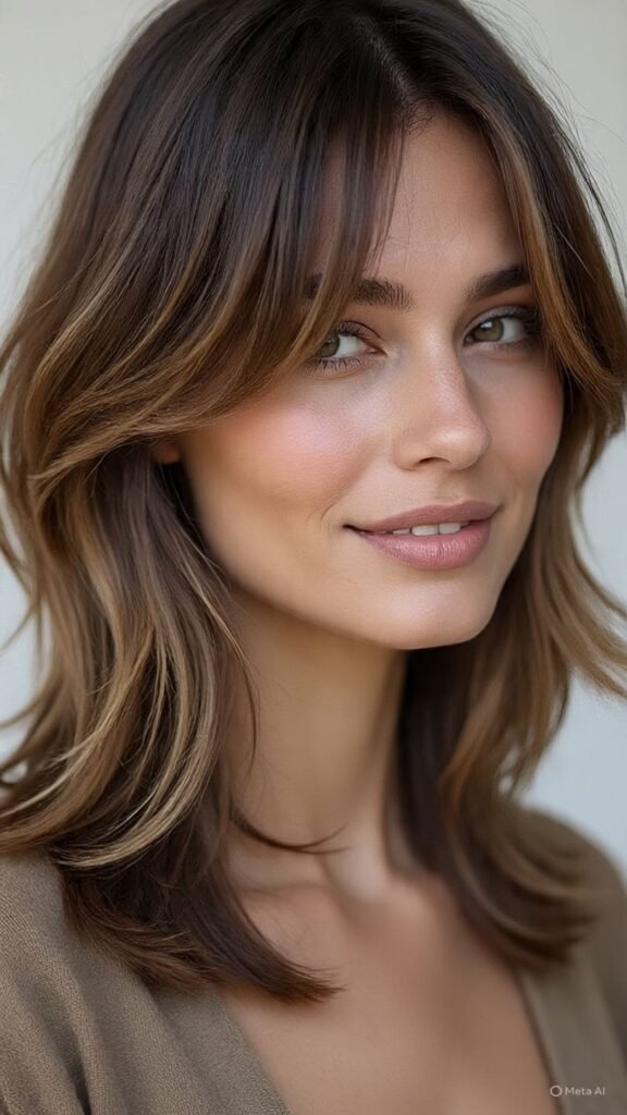 Medium-Length Layers with Soft Curtain Bangs