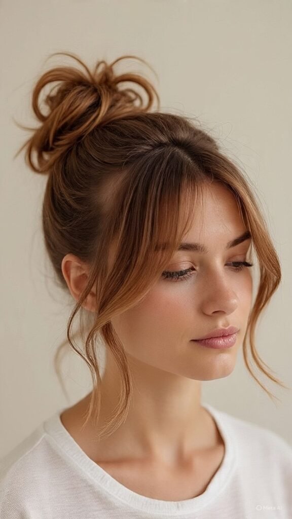 Messy Bun with Curtain Bangs