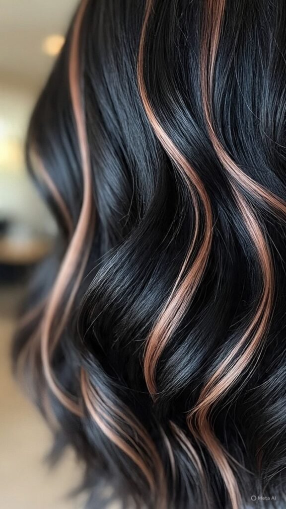 Rose Gold Highlights on Black Hair