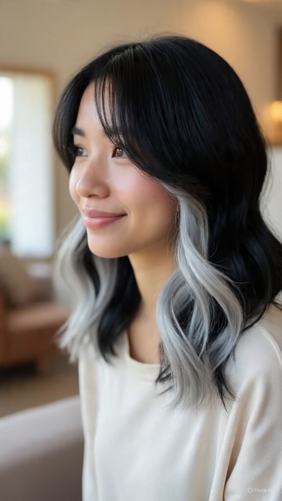 Silver Balayage with Curtain Bangs