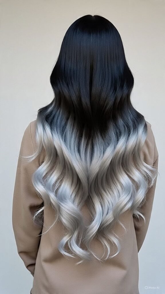 Silver Ombre on Long Black Hair