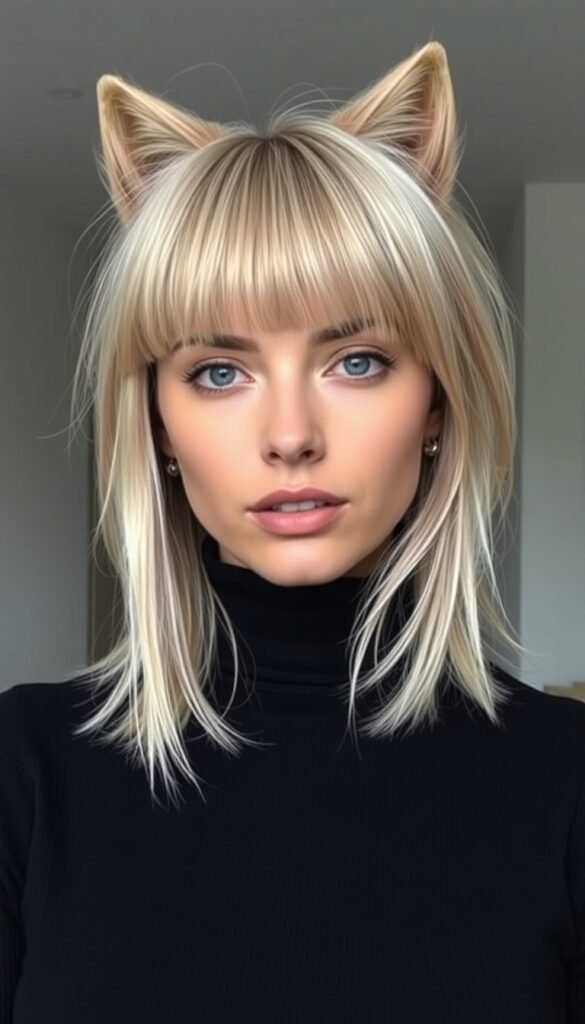Ash Blonde Wolf Cut With Blunt Bangs
