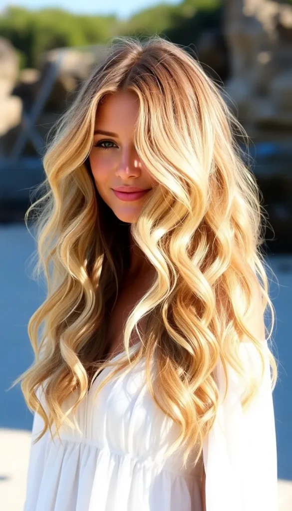 Long Beach Waves with Curtain Bangs