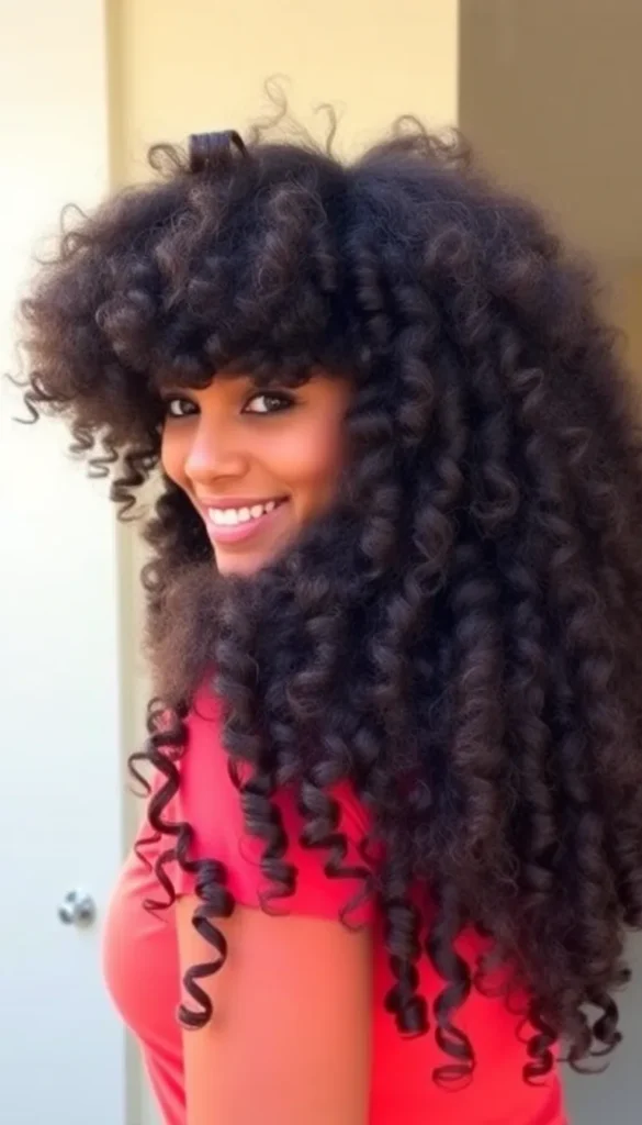 Long Curly Hair with Curtain Bangs