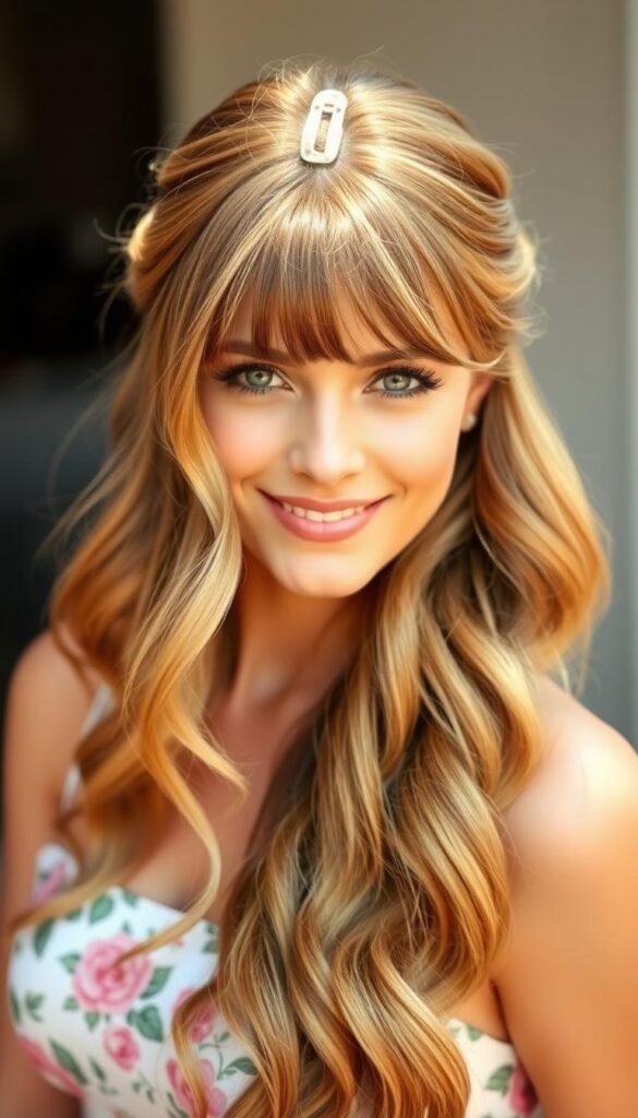 Long Half-Up, Half-Down with Curtain Bangs