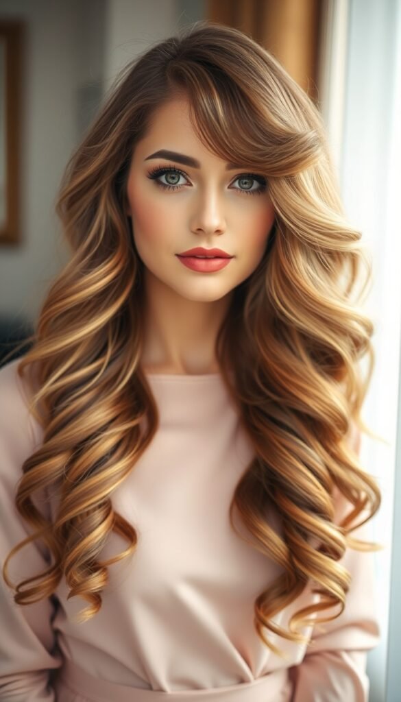 Long Romantic Curls with Curtain Bangs