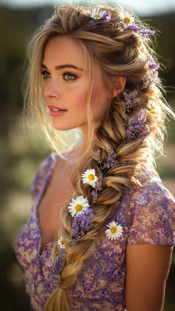 Whimsical Fishtail Braid with Flowers