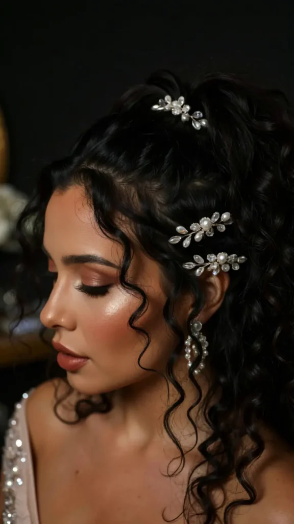 Half Up Curly Hair with Clips or Barrettes