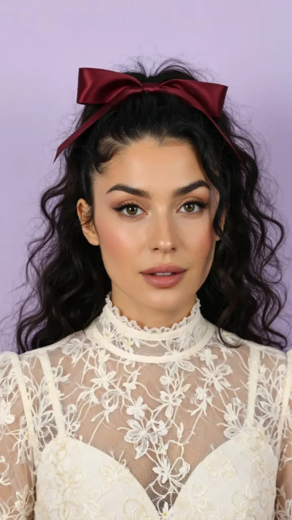 Half Up Curly Hair with Ribbon Tie