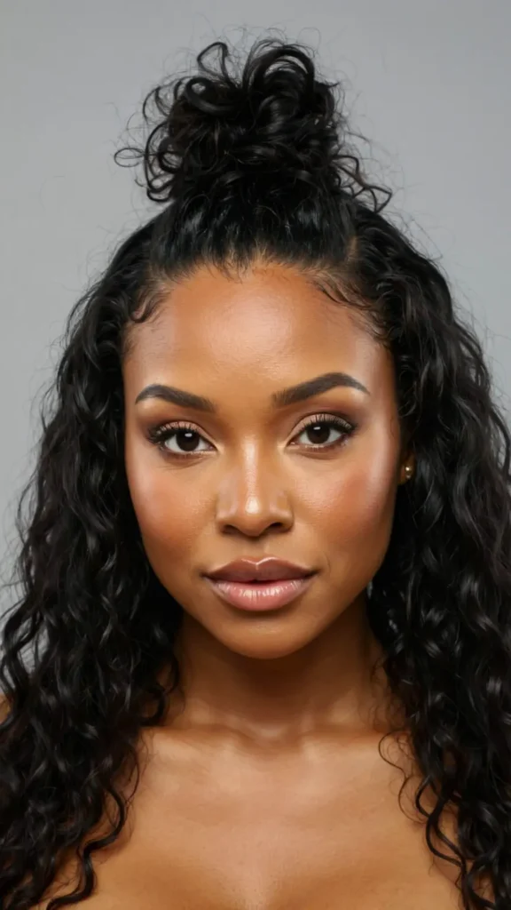 Half Up Curly Hair with a Puff or Afro Top