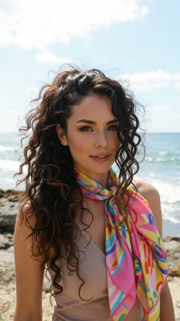 Half Up Curly Hair with a Scarf