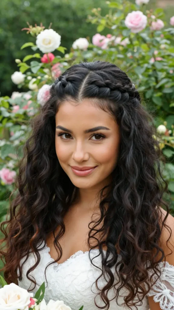 Half Up Half Down Curly Hair with Waterfall Braids