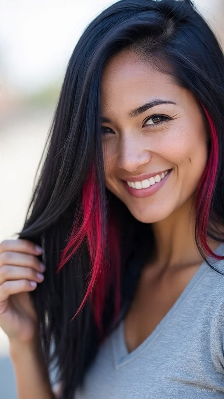 Black Hair with Red Peekaboo Highlights