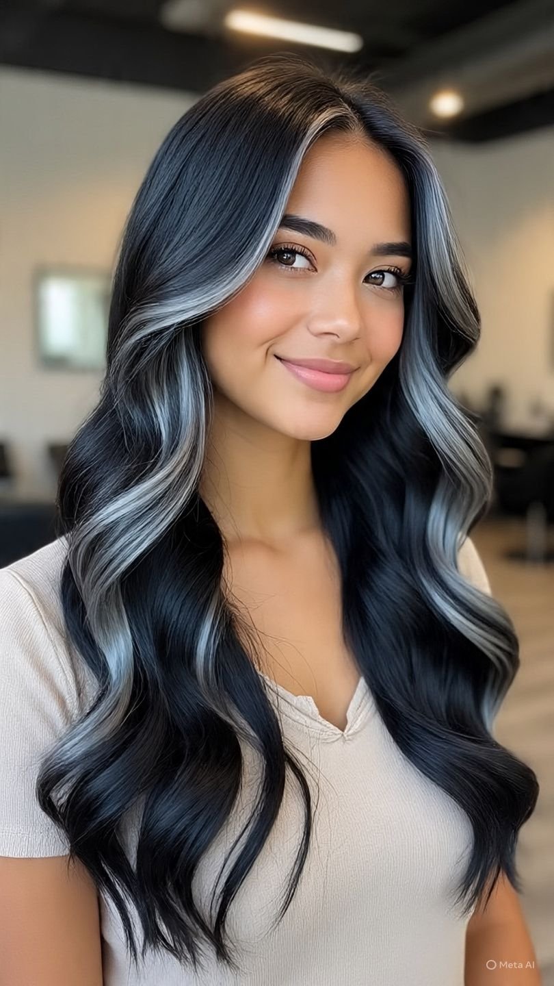 Soft Silver Balayage on Black Hair